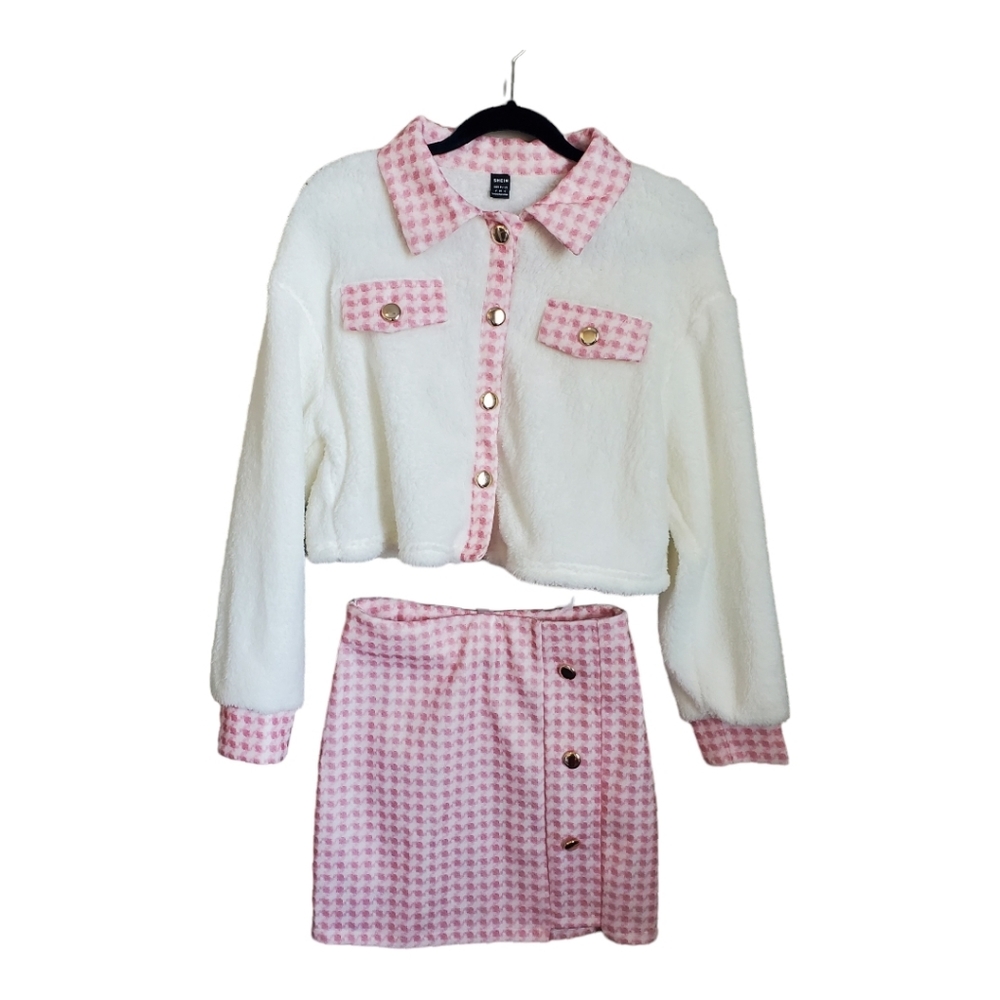 Shein Fluffy Frenchy Pink Plaid Jacket and Skirt 2 Piece Womens Size Small